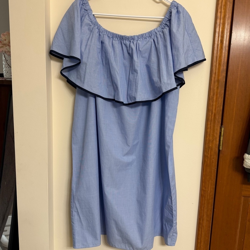 J. Crew Light Blue Off-Shoulder Ruffle Dress with Navy Trim